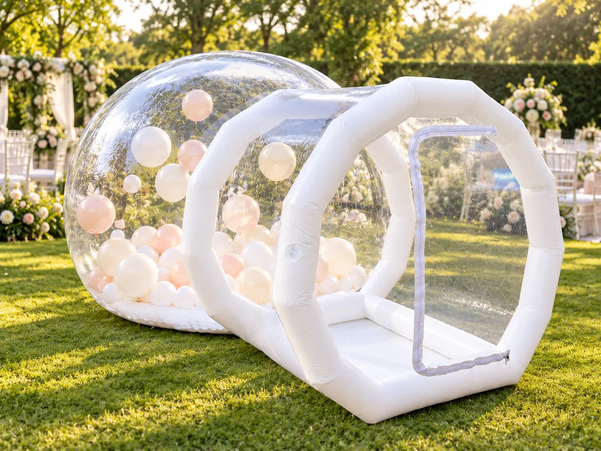 KI-Visualisierung: Bubble House mit hellen Luftballons in einer Hochzeitsszene