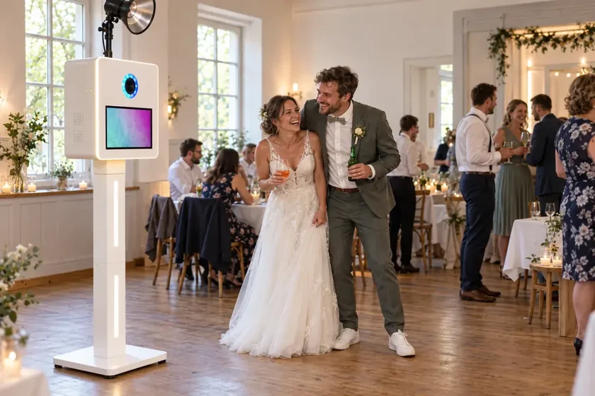 Fotobox Pro mit Requisiten und Druckstation als Fotoecke für eine Feier.