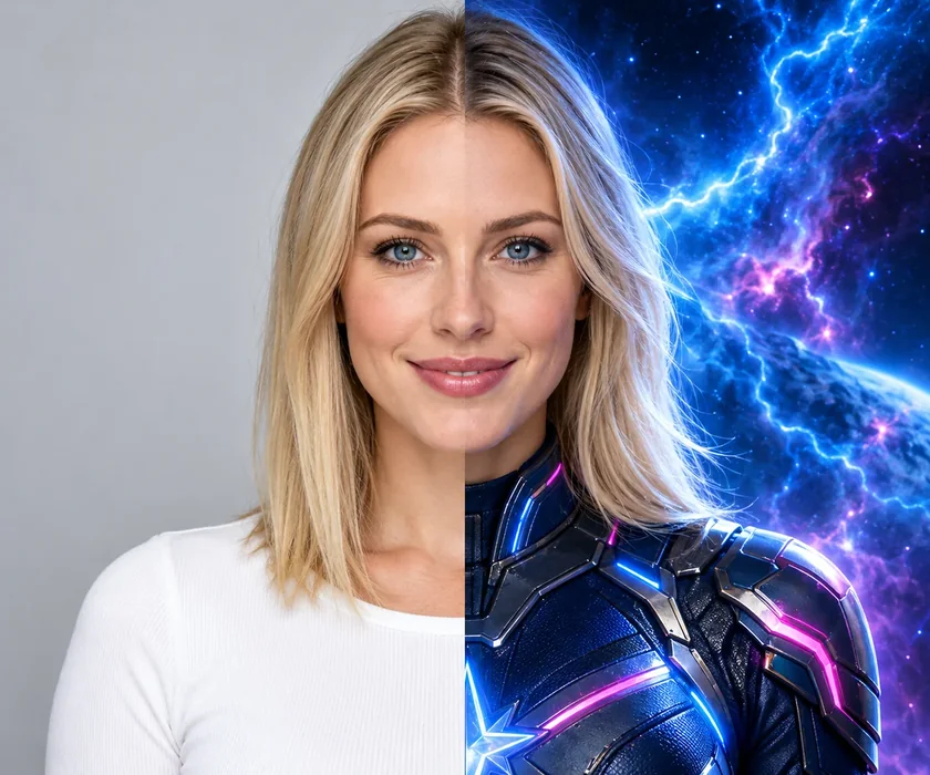 Blonde Frau im Vergleich: natürlicher Look links, futuristische Superheldin rechts.