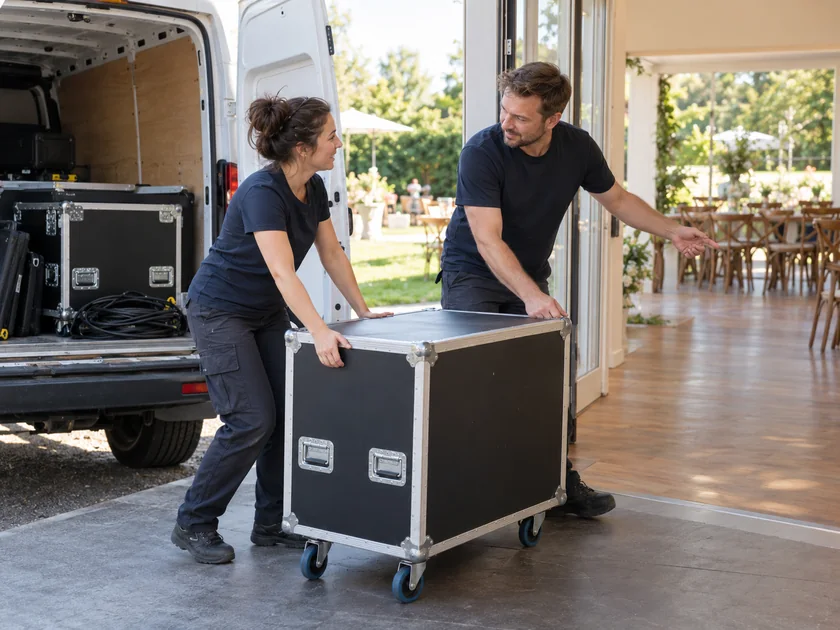 Zwei Personen bringen ein Transportcase vom Lieferwagen zum Veranstaltungsraum.