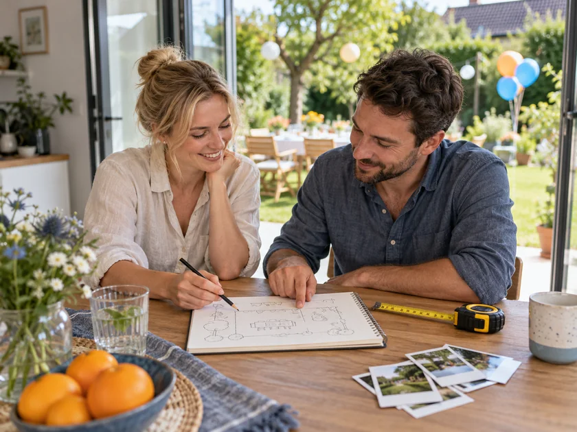 Zwei Erwachsene planen eine Gartenfeier mit Skizze, Notizbuch und Maßband.